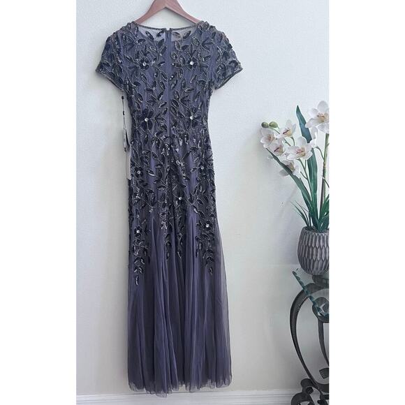 Adrianna Papell Hand Beaded Short Sleeve Floral Godet Gown in Moonscape Dress 0 - Picture 4 of 12